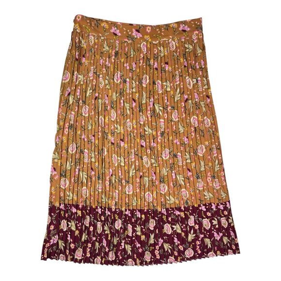 LOFT Size 10 Pleated Floral Skirt Brown Burgundy Floral Print Side Zip - Picture 3 of 8